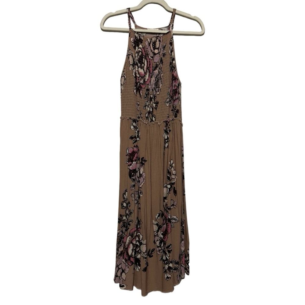 ODDY Purple Brown Floral Smocked Sleeveless Long Modest Midi Dress Womens Small
